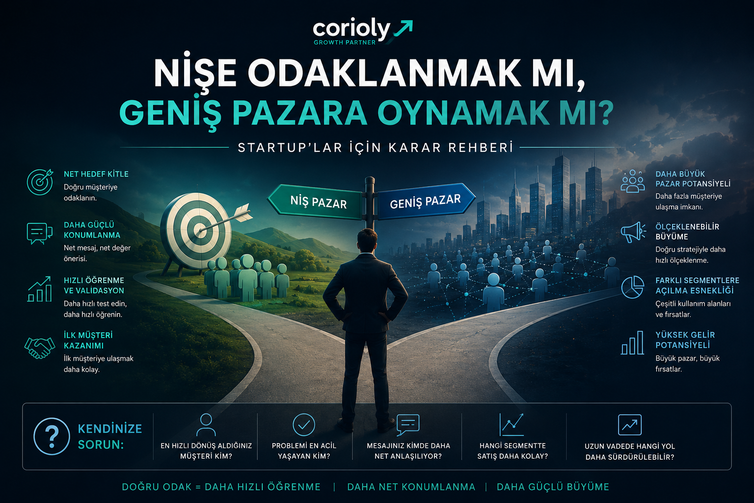 Nişe odaklanmak ve geniş pazara açılmak arasında seçim yapan startup stratejisini anlatan Corioly görseli